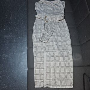 GOODTIME USA Elegant Strapless Plaid Pencil Dress - Black and White